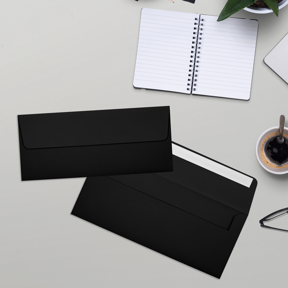 Smooth Midnight Black 32lb #10 Square Flap Envelopes (4 1/8 x 9 1/2) with Peel & Seal