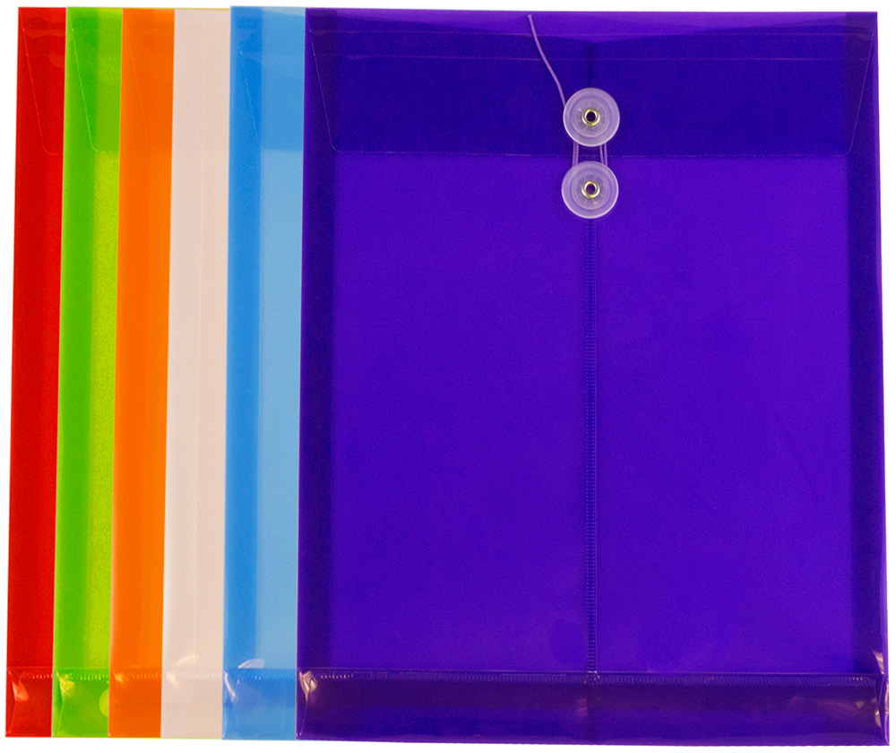 Assorted Letter Open End Plastic Envelopes (9 3/4 x 13) with Button & String - 6 Pack