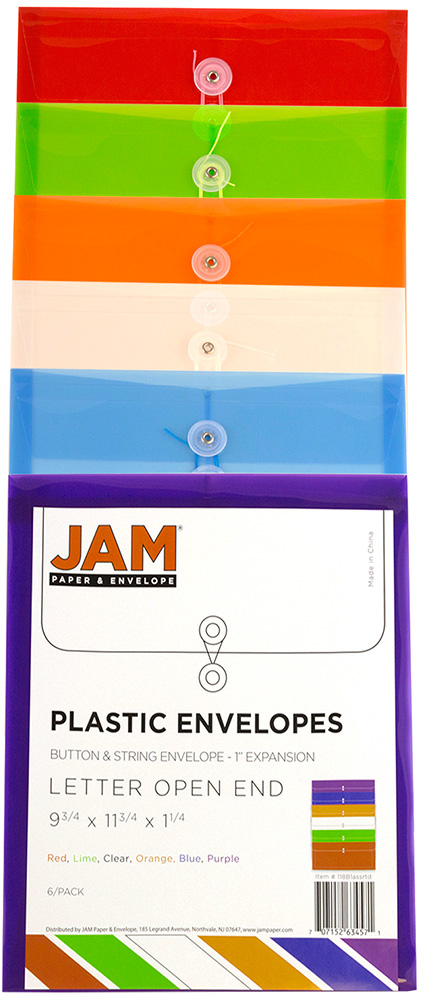 Assorted Letter Open End Plastic Envelopes (9 3/4 x 13) with Button & String - 6 Pack