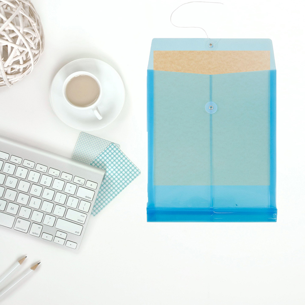 Blue Letter Open End Plastic Envelopes (9 3/4 x 13) with Button & String