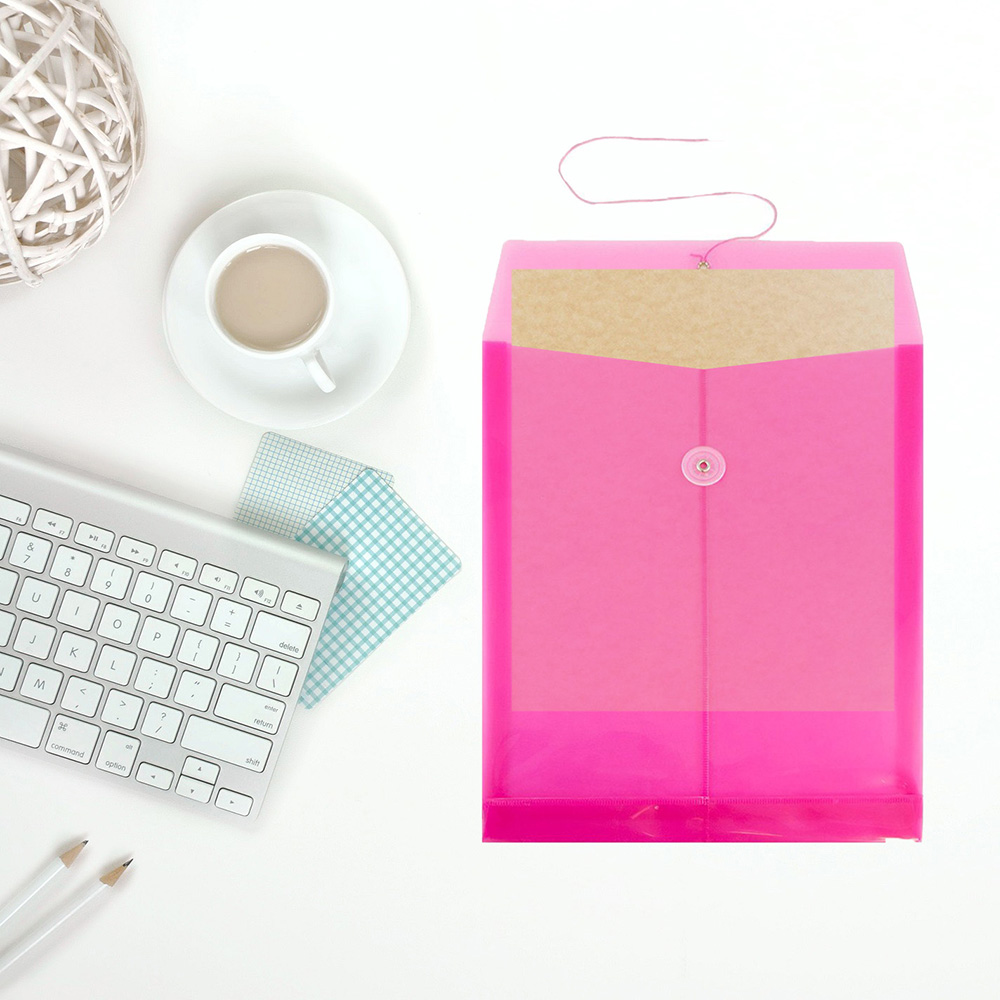 Fuchsia Pink Letter Open End Plastic Envelopes (9 3/4 x 13) with Button & String