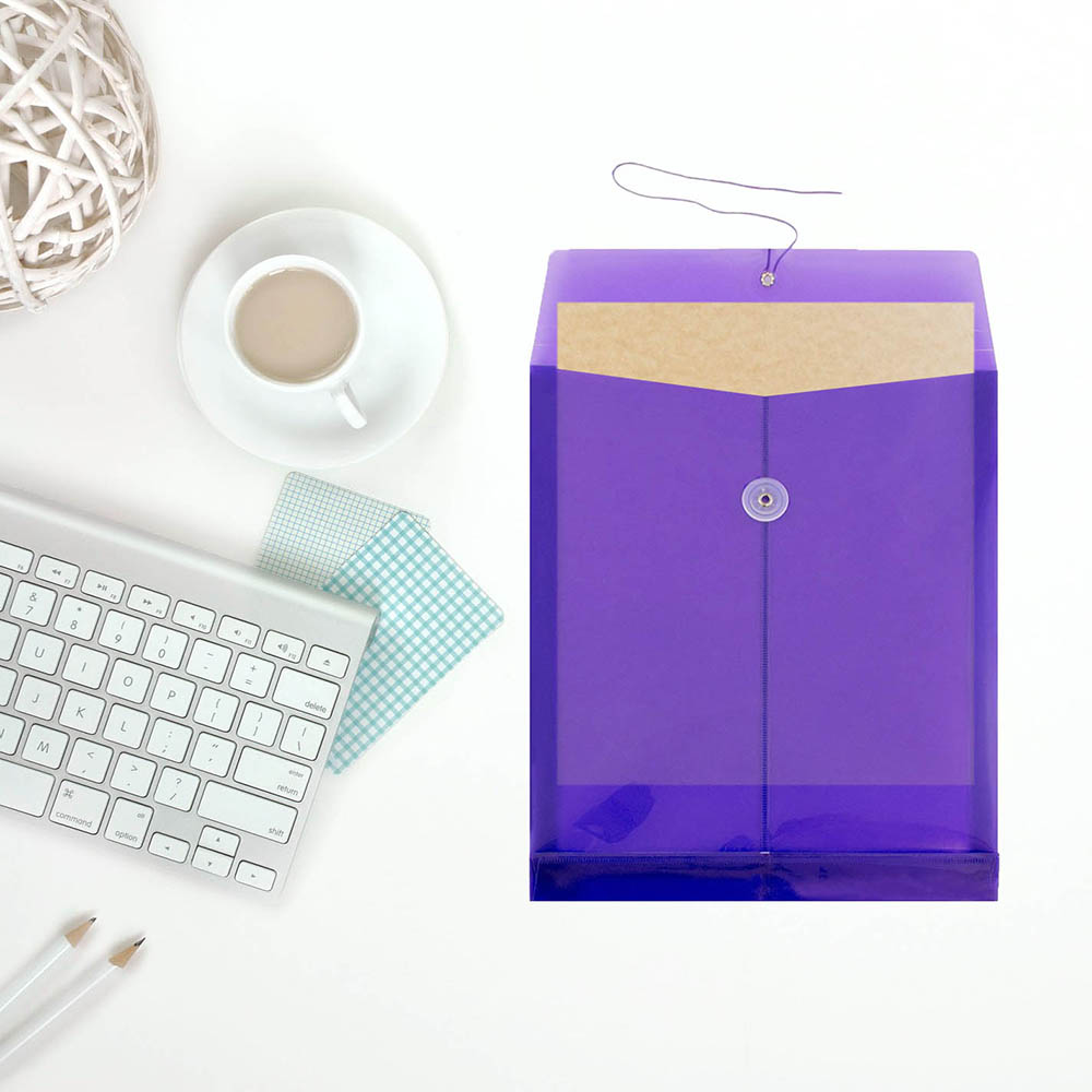 Purple Letter Open End Plastic Envelopes (9 3/4 x 13) with Button & String