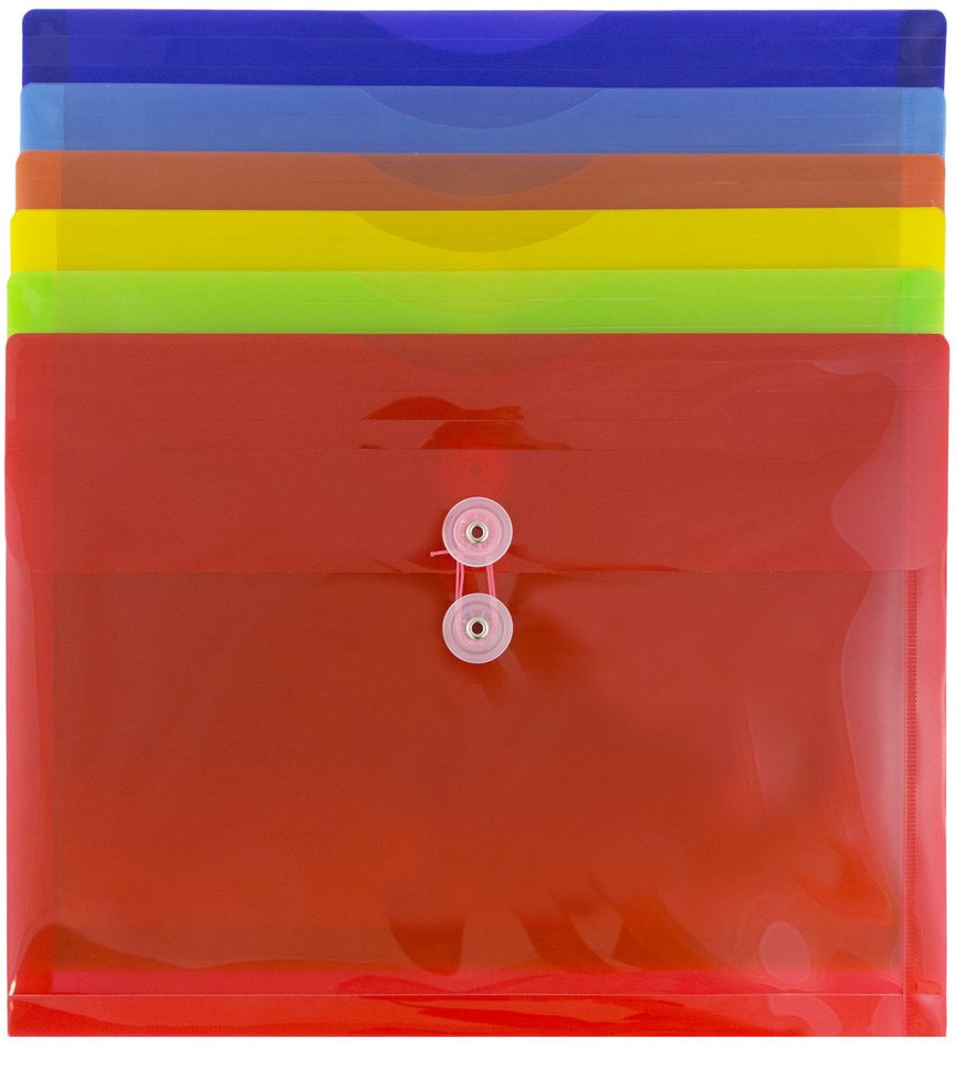 Assorted Letter Booklet Plastic Envelopes (9 3/4 x 13) with Button & String - 6 Pack