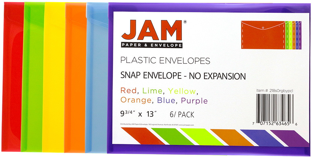 Assorted Letter Booklet Plastic Envelopes (9 3/4 x 13) with Snap Closure - 6 Pack