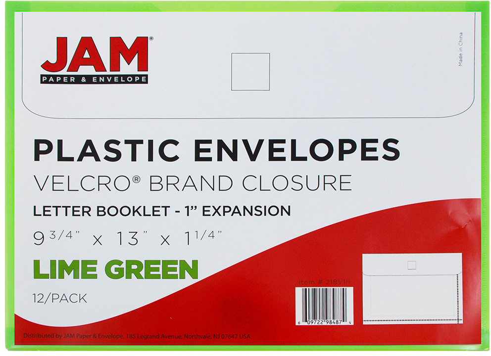 Lime Green Letter Booklet with 1" Expansion Plastic Envelopes (9 3/4 x 13) with Hook and Loop Closure