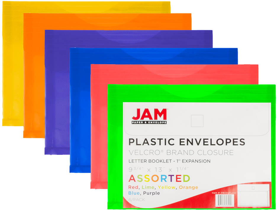 Assorted Letter Booklet with 1" Expansion Plastic Envelopes (9 3/4 x 13) with Hook and Loop Closure - 6 Pack