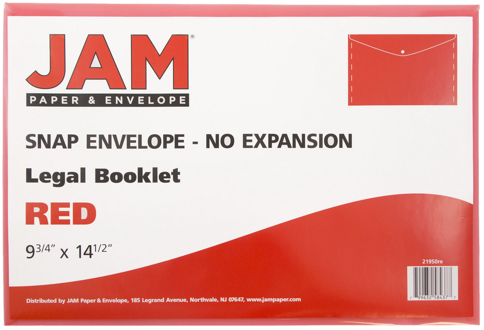Red Legal Booklet Plastic Envelopes (9 3/4 x 14 1/2) with Snap Closure