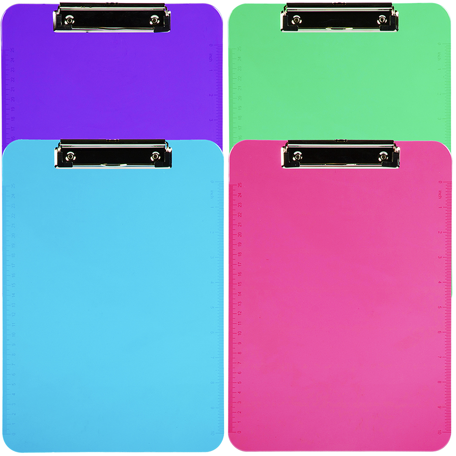 Assorted Fashion 9 x 13 Plastic Clipboards - 4 Pack