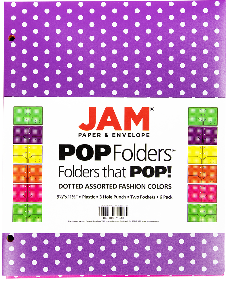 Assorted Dot Fashion Plastic Pop 3 Hole Punch Folders - 6 Pack