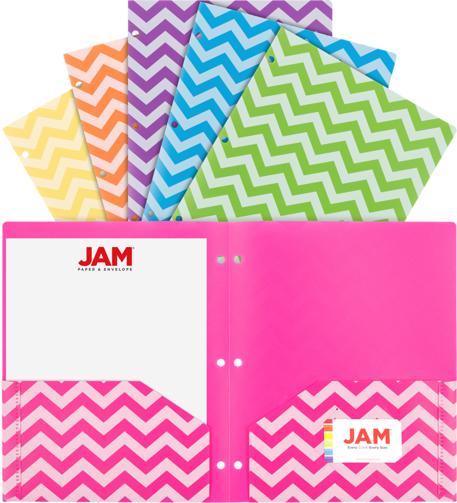 Assorted Chevron 9 1/2 x 11 1/2 Plastic 3 Hole Punch Folders - 6 Pack