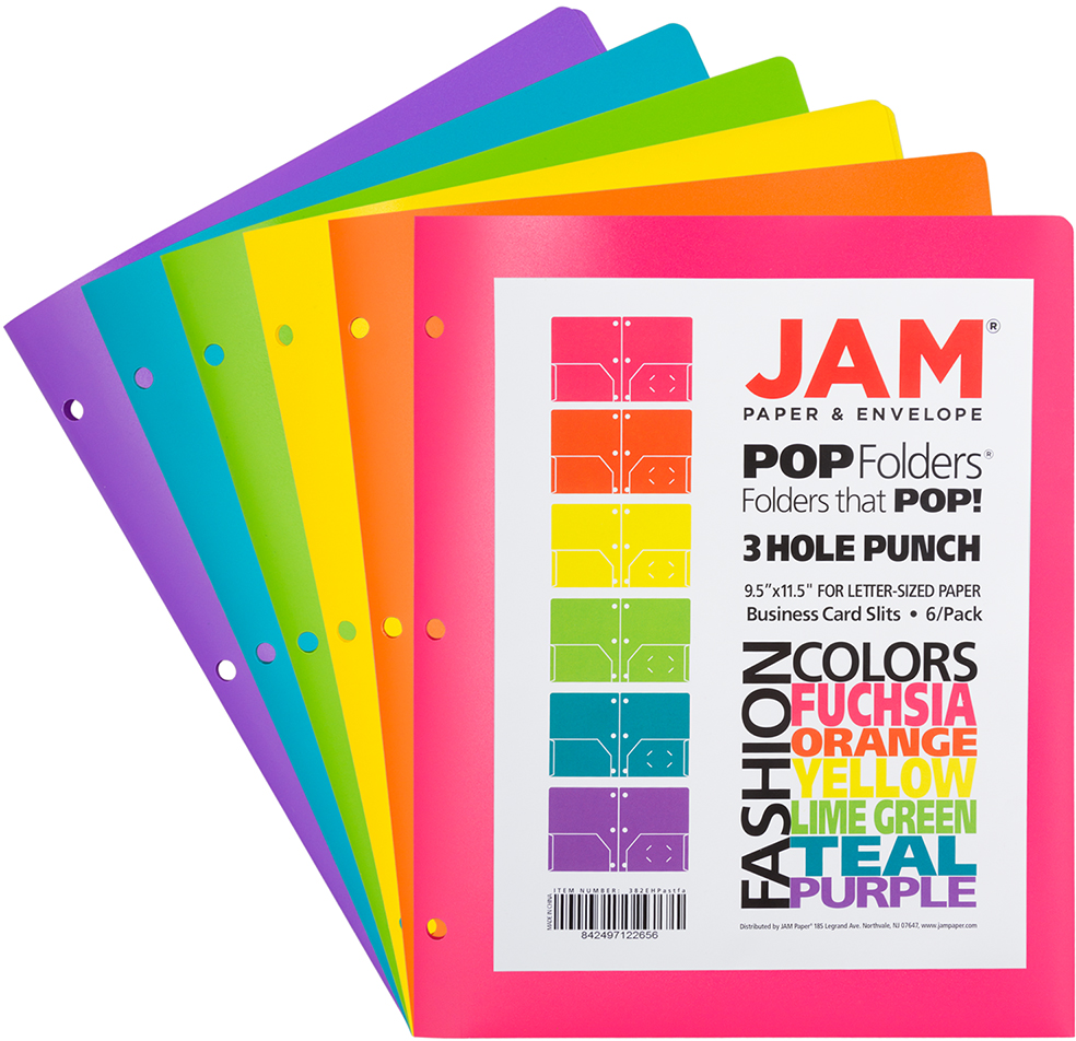 Assorted Fashion 9 x 12 Plastic Pop 3 Hole Punch Folders - 6 Pack