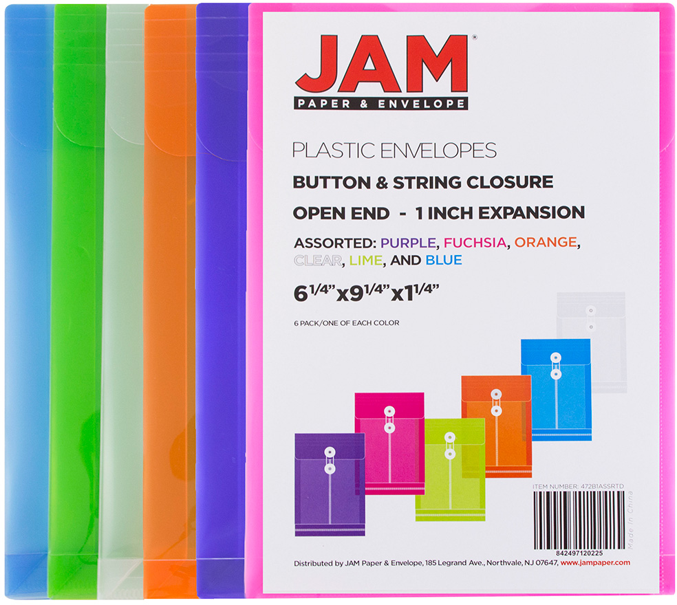 Assorted 6 1/4 x 9 1/4 Open End Plastic Envelopes with Button & String - 6 Pack