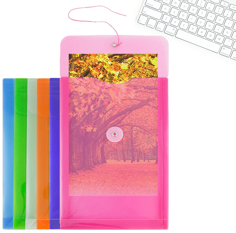 Assorted 6 1/4 x 9 1/4 Open End Plastic Envelopes with Button & String - 6 Pack