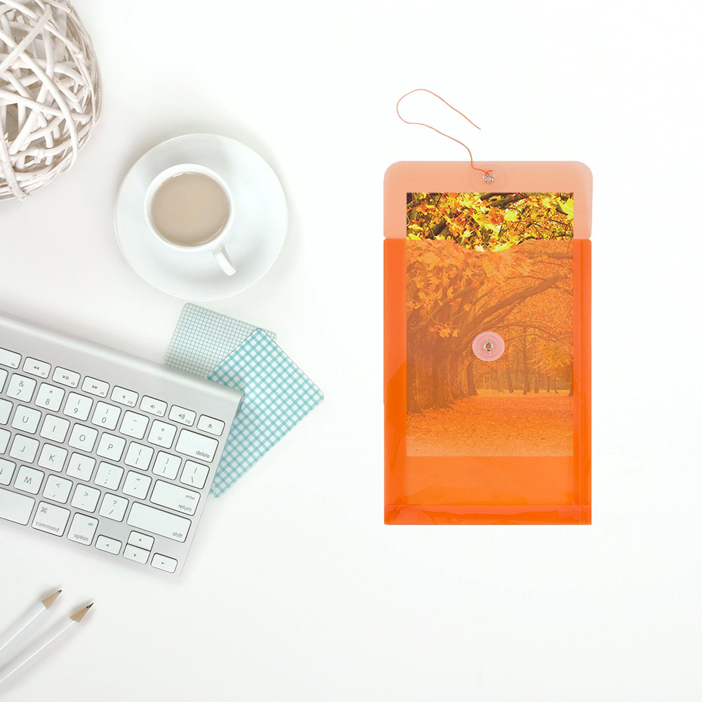 Bright Orange 6 1/4 x 9 1/4 Open End Plastic Envelopes with Button & String