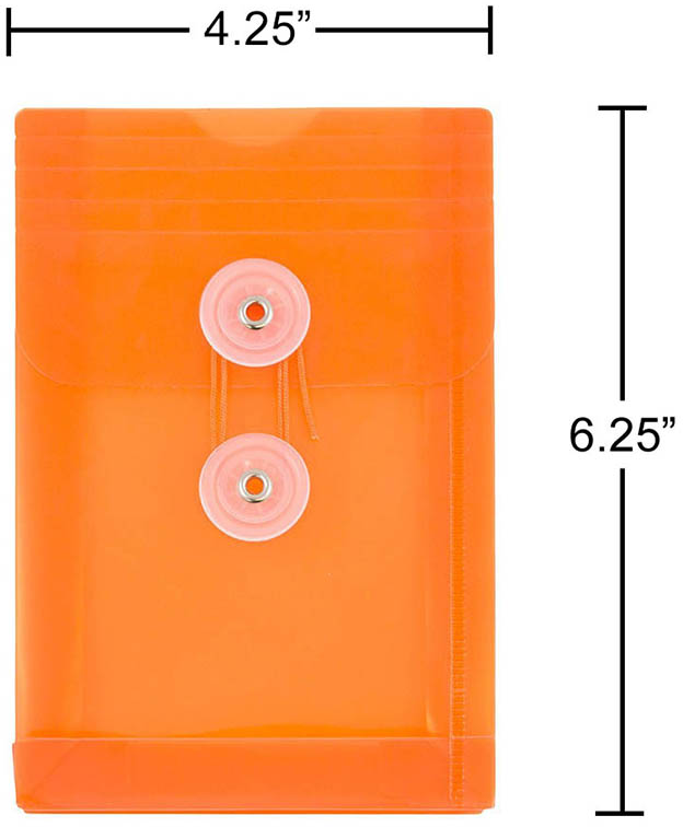 Assorted 4 1/4 x 6 1/4 Open End Plastic Envelopes with Button & String - 6 Pack