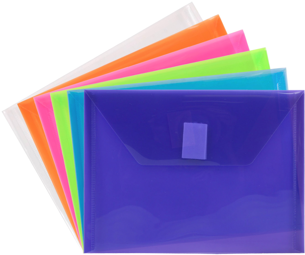 Assorted 5 1/2 x 7 1/2 Index Booklet Plastic Envelopes with Hook and Loop Closure - 6 Pack