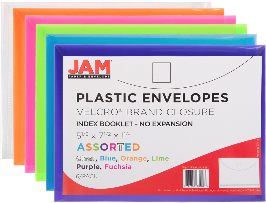 Assorted 5 1/2 x 7 1/2 Index Booklet Plastic Envelopes with Hook and Loop Closure - 6 Pack