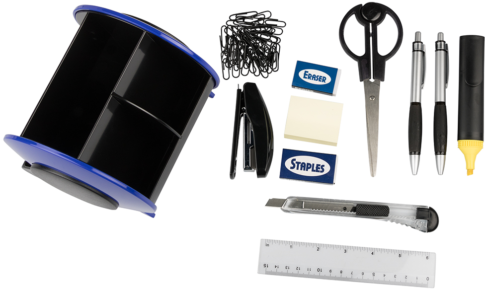 Blue Round Desk Organizer and Supplies Set (Organizer, Pens, Scissor, Highlighter, Box Cutter, Ruler, Eraser, Stapler, Staples, and Paper Clips)