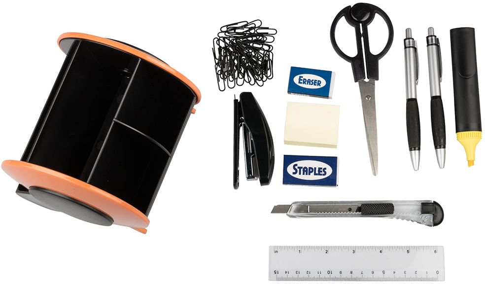 Orange Round Desk Organizer and Supplies Set (Organizer, Pens, Scissor, Highlighter, Box Cutter, Ruler, Eraser, Stapler, Staples, and Paper Clips)