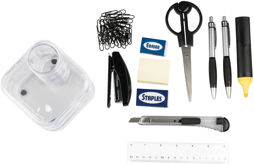 Clear Swivel Desk Organizer and Supplies Set (Organizer, Stapler, Staples, Paper Clips, Ruler, Scissor, Pens, Highlter, and Eraser)