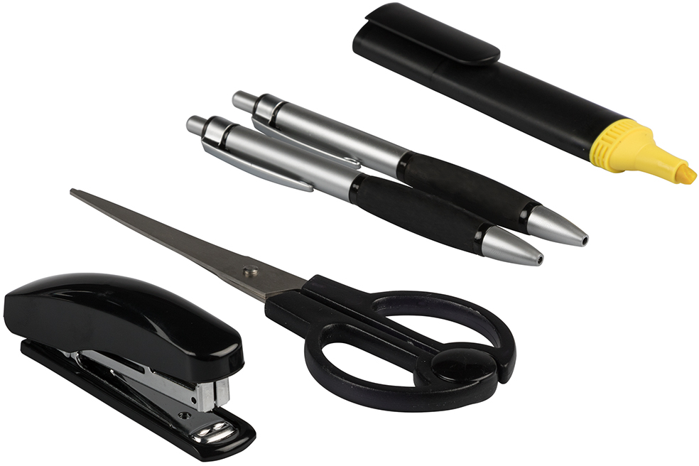 Clear Swivel Desk Organizer and Supplies Set (Organizer, Stapler, Staples, Paper Clips, Ruler, Scissor, Pens, Highlter, and Eraser)