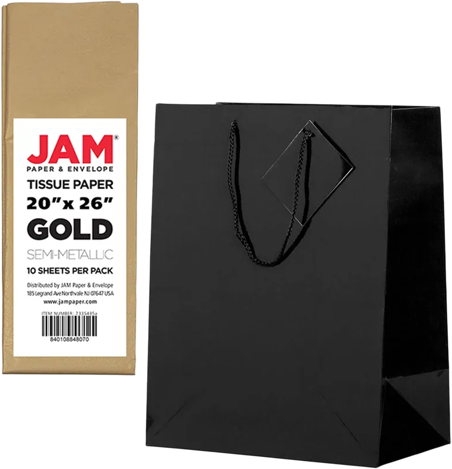Black/Gold Large Glossy Gift Bags (10 x 13 x 5) (3 Pack) with Tissue Paper (10 Pack)