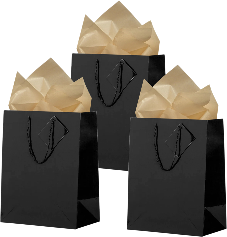Black/Gold Large Glossy Gift Bags (10 x 13 x 5) (3 Pack) with Tissue Paper (10 Pack)