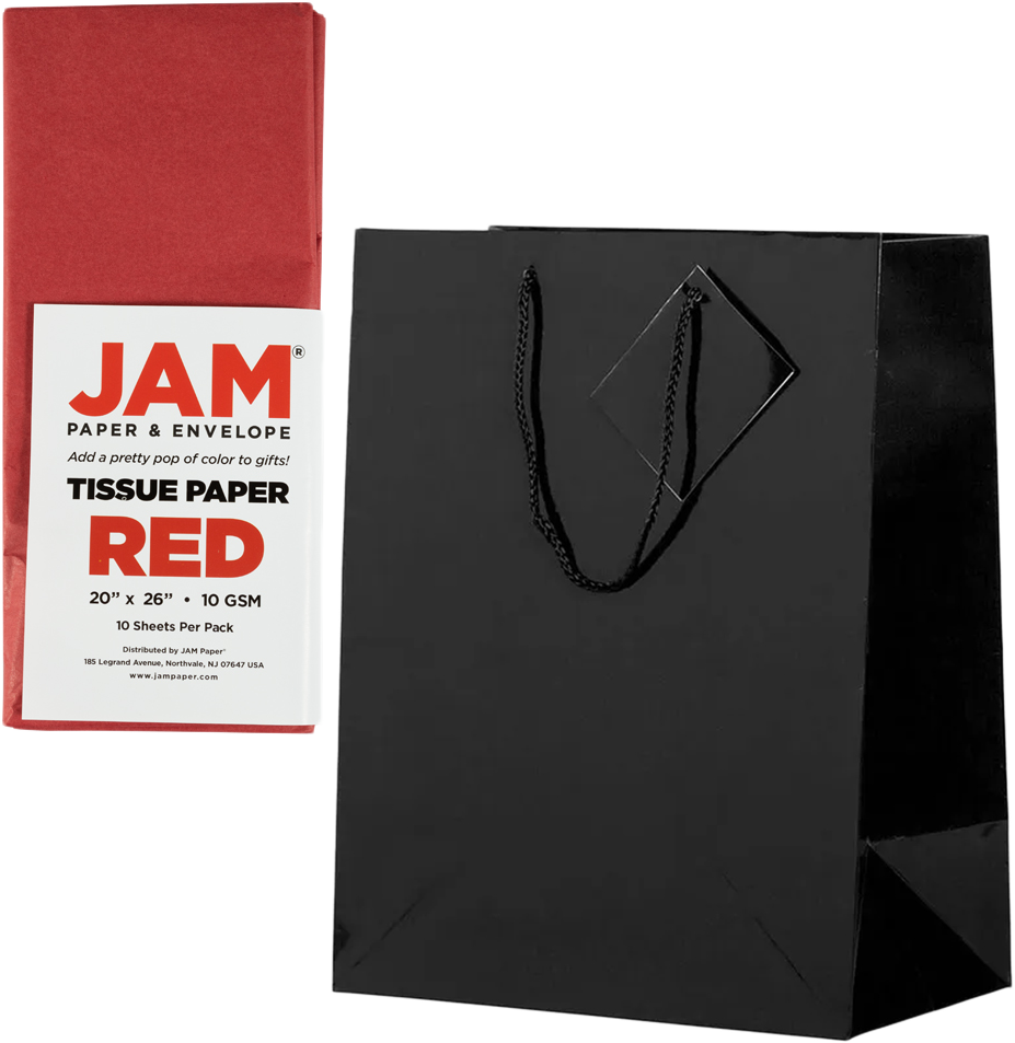 Black/Red Large Glossy Gift Bags (10 x 13 x 5) (3 Pack) with Tissue Paper (10 Pack)