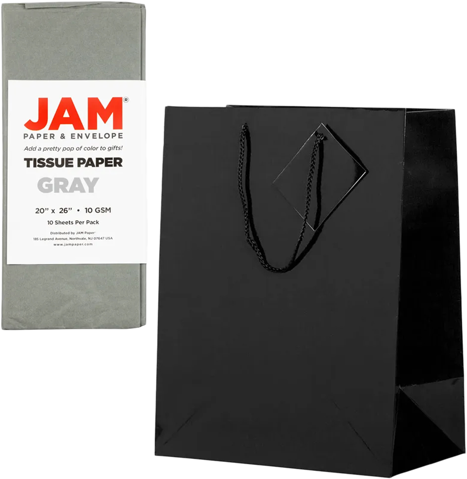 Black/Gray Large Glossy Gift Bags (10 x 13 x 5) (3 Pack) with Tissue Paper (10 Pack)