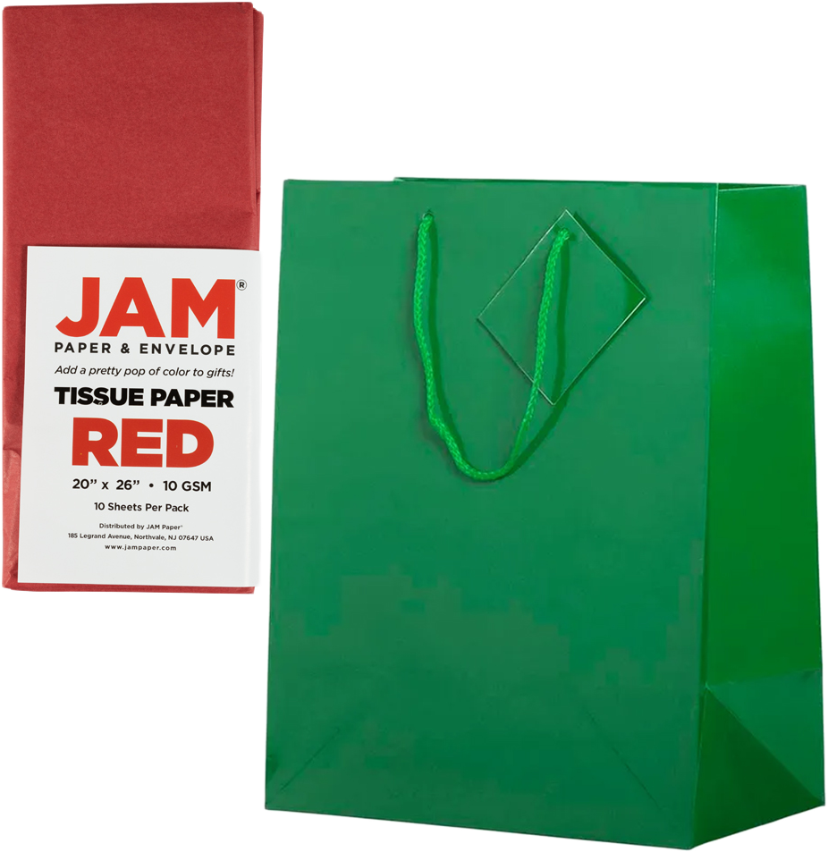 Green/Red Large Glossy Gift Bags (10 x 13 x 5) (3 Pack) with Tissue Paper (10 Pack)