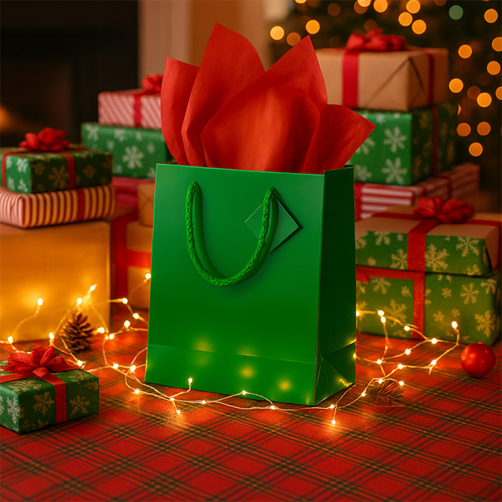 Green/Red Large Glossy Gift Bags (10 x 13 x 5) (3 Pack) with Tissue Paper (10 Pack)