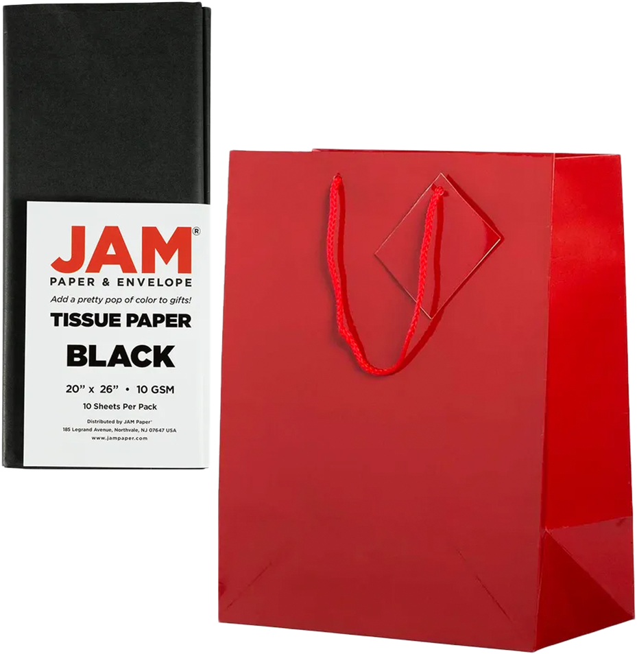 Red/Black Large Glossy Gift Bags (10 x 13 x 5) (3 Pack) with Tissue Paper (10 Pack)