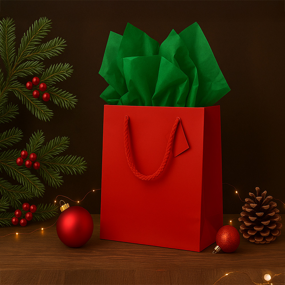 Red/Green Large Glossy Gift Bags (10 x 13 x 5) (3 Pack) with Tissue Paper (10 Pack)
