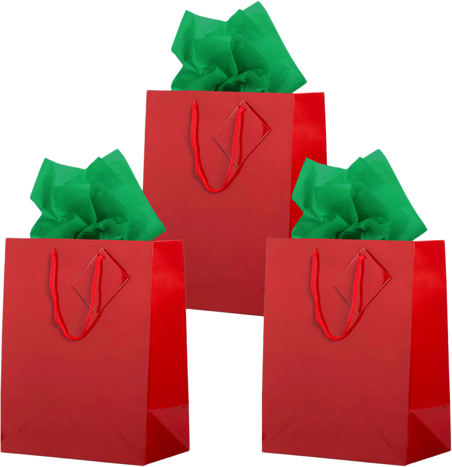 Red/Green Large Glossy Gift Bags (10 x 13 x 5) (3 Pack) with Tissue Paper (10 Pack)