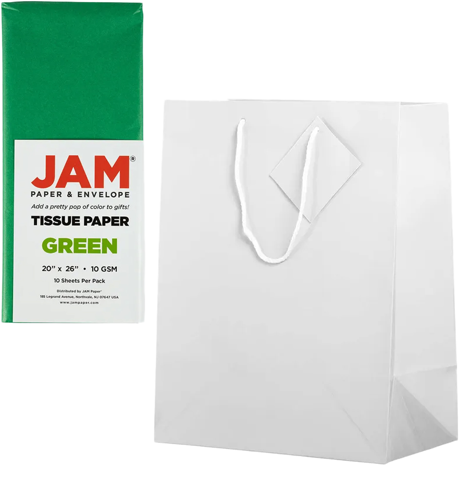 White/Green Large Glossy Gift Bags (10 x 13 x 5) (3 Pack) with Tissue Paper (10 Pack)