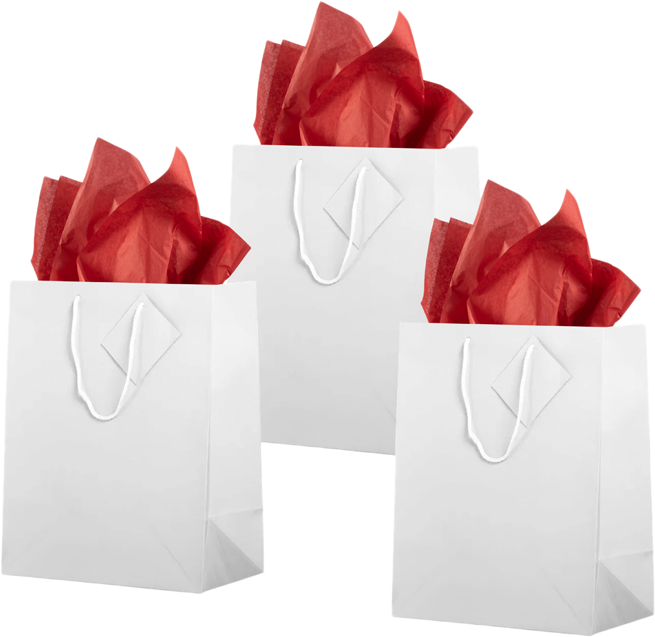 White/Red Large Glossy Gift Bags (10 x 13 x 5) (3 Pack) with Tissue Paper (10 Pack)