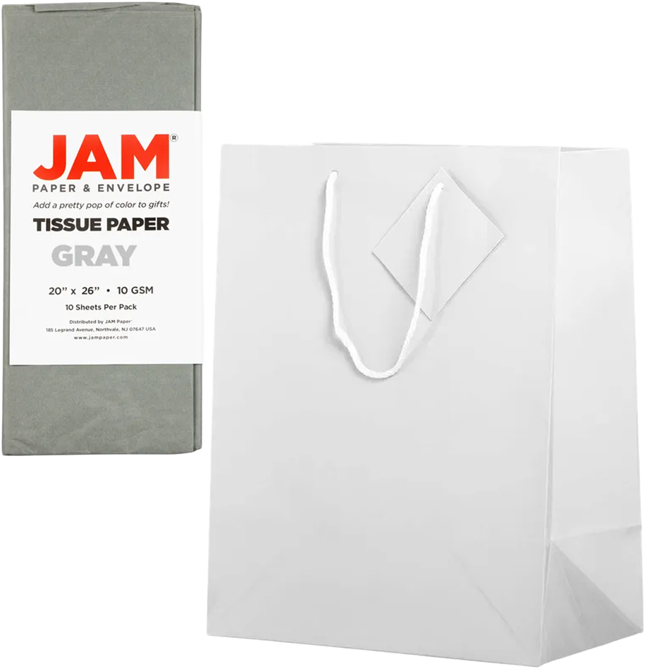 White/Gray Large Glossy Gift Bags (10 x 13 x 5) (3 Pack) with Tissue Paper (10 Pack)