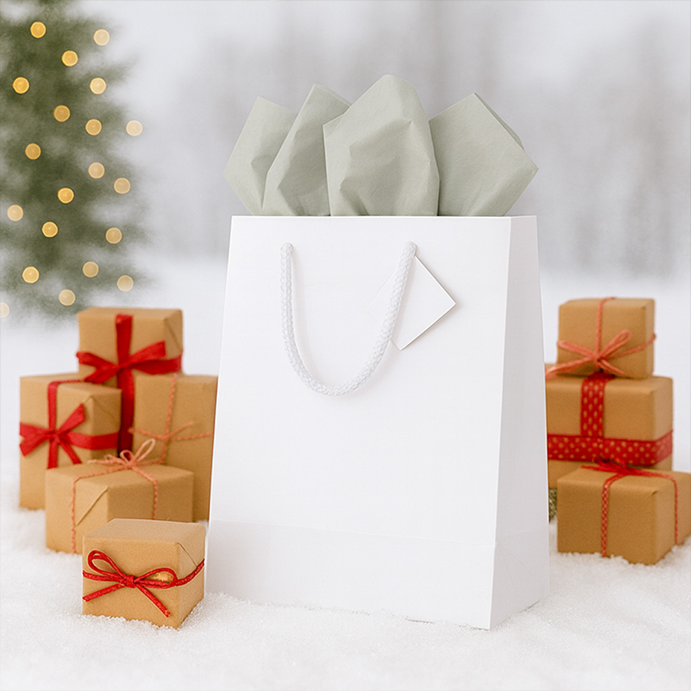 White/Gray Large Glossy Gift Bags (10 x 13 x 5) (3 Pack) with Tissue Paper (10 Pack)