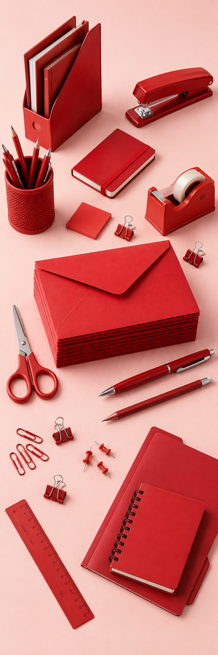 Red stationery and office supplies arranged on a pink background.