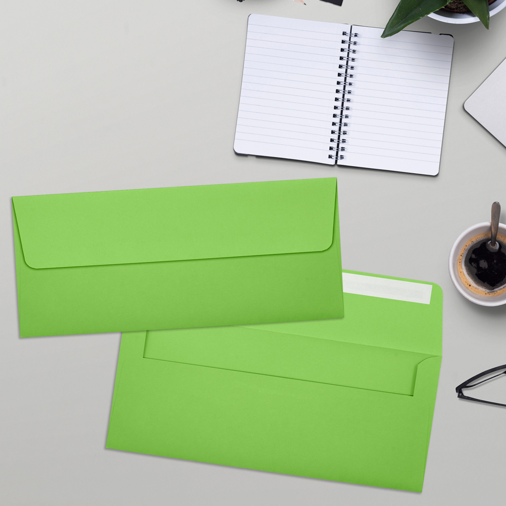 Lime Green 32lb #10 Square Flap Envelopes (4 1/8 x 9 1/2) with Peel & Seal