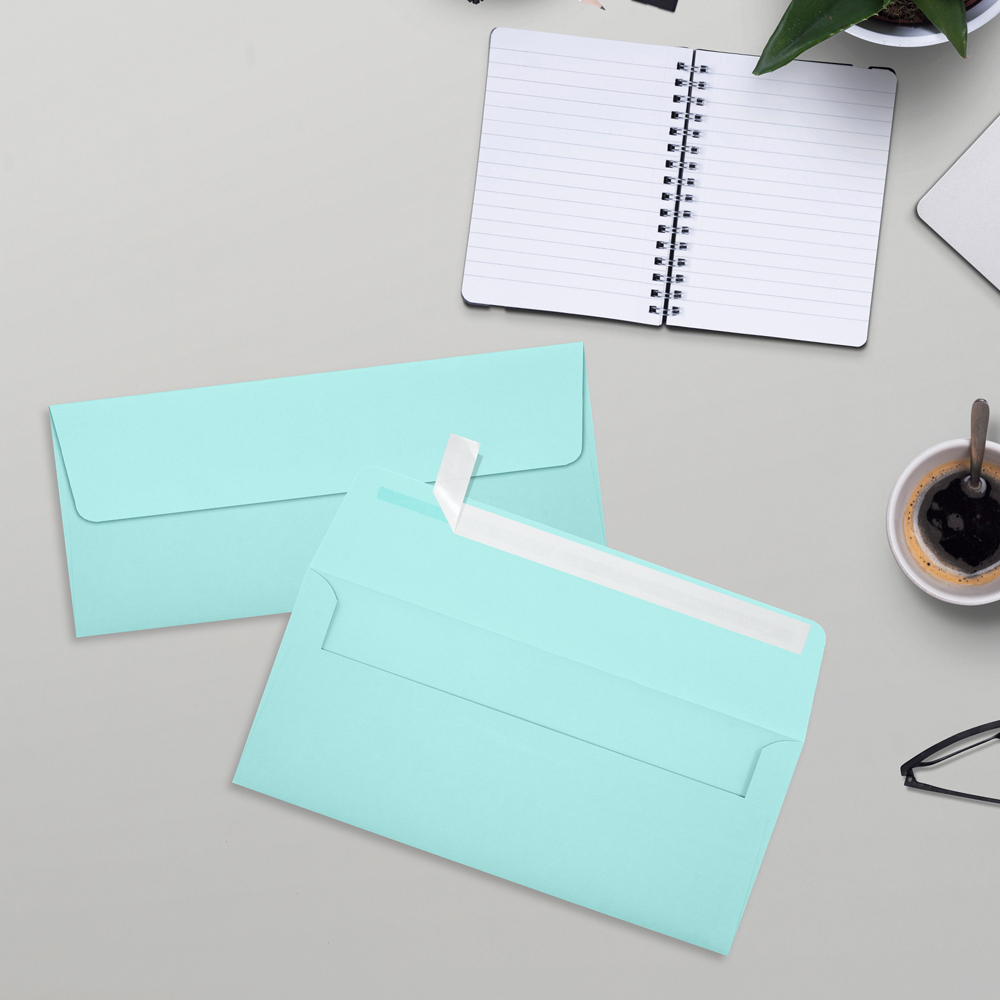 Seafoam Aqua Blue 32lb #10 Square Flap Envelopes (4 1/8 x 9 1/2) with Peel & Seal