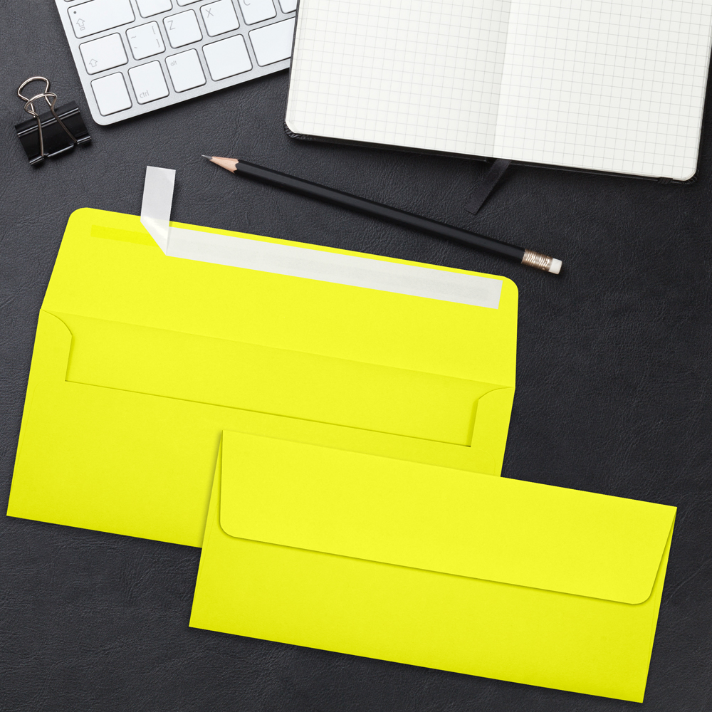 Citrus Yellow 32lb #10 Square Flap Envelopes (4 1/8 x 9 1/2) with Peel & Seal