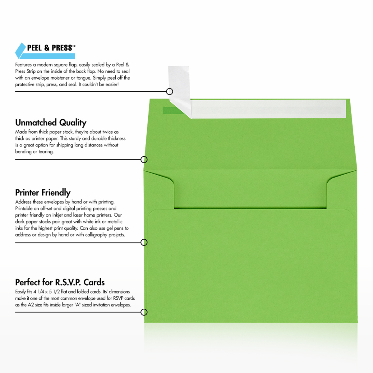Lime Green 32lb A2 Invitation Envelopes (4 3/8 x 5 3/4) with Peel & Seal
