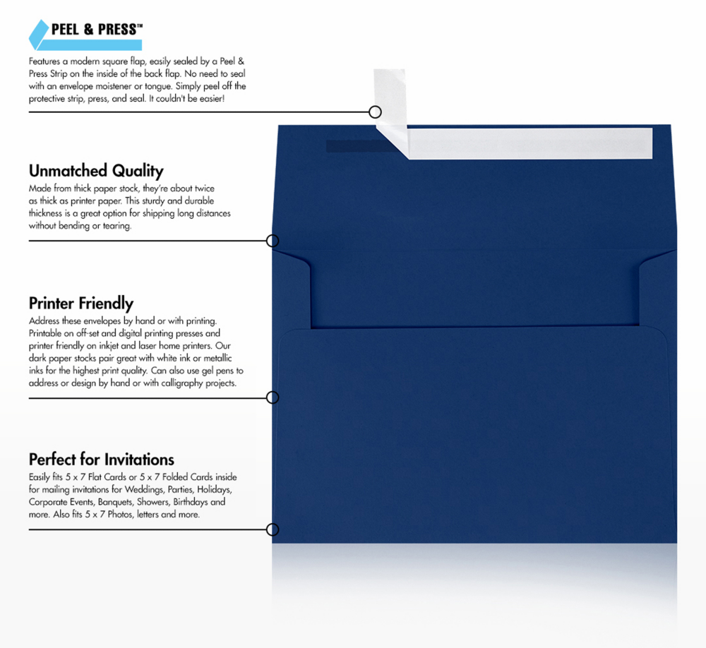 Navy Blue 32lb A7 Invitation Envelopes (5 1/4 x 7 1/4) with Peel & Seal