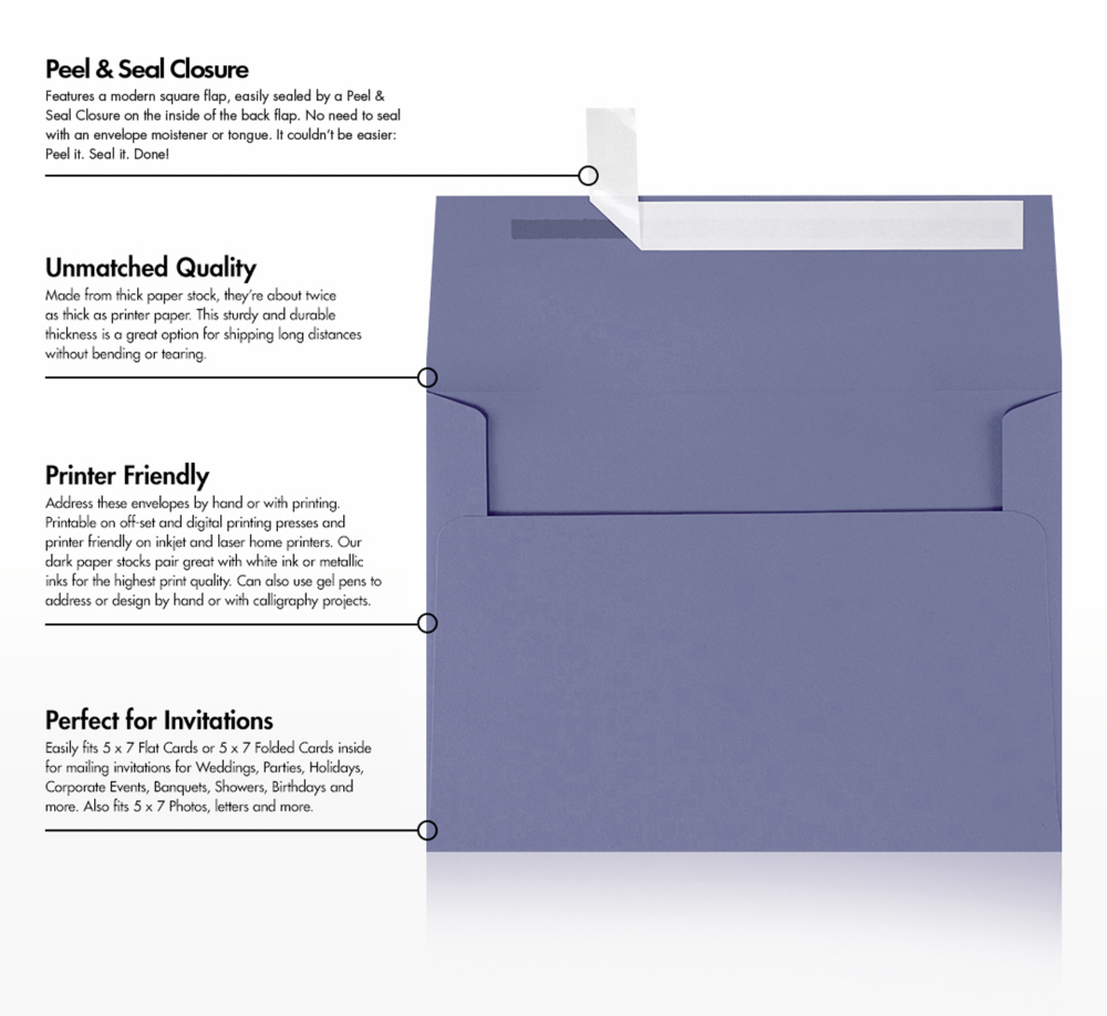Wisteria Purple 32lb A7 Invitation Envelopes (5 1/4 x 7 1/4) with Peel & Seal