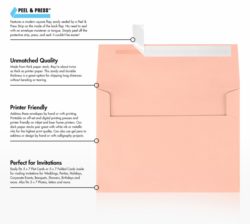 Blush Pink 32lb A7 Invitation Envelopes (5 1/4 x 7 1/4) with Peel & Seal