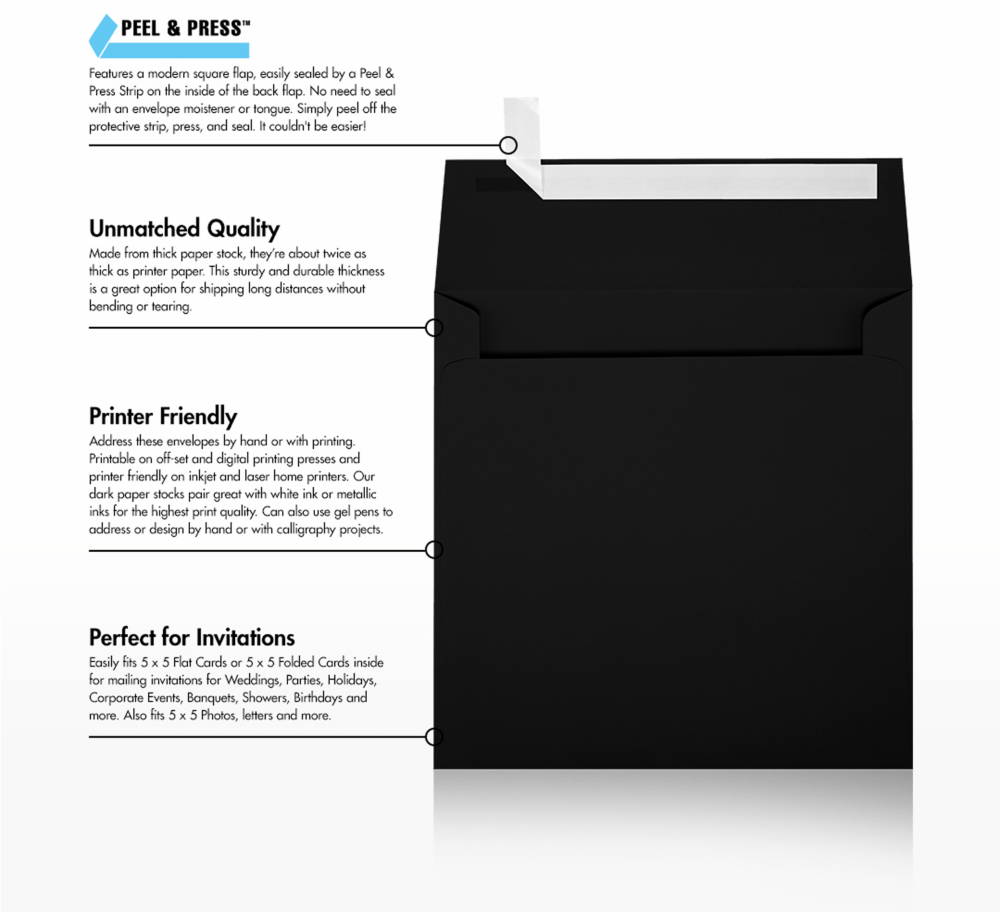 Smooth Midnight Black 32lb 5 1/4 x 5 1/4 Square Envelopes with Peel & Seal