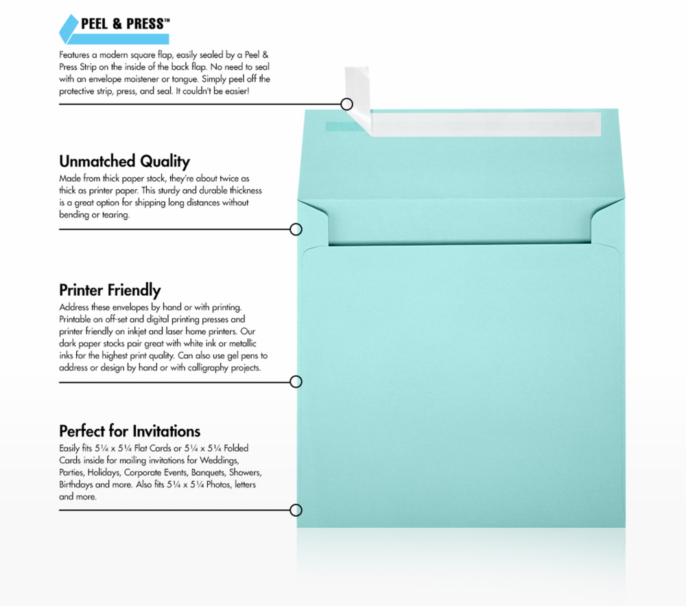 Seafoam Aqua Blue 32lb 5 1/2 x 5 1/2 Square Envelopes with Peel & Seal