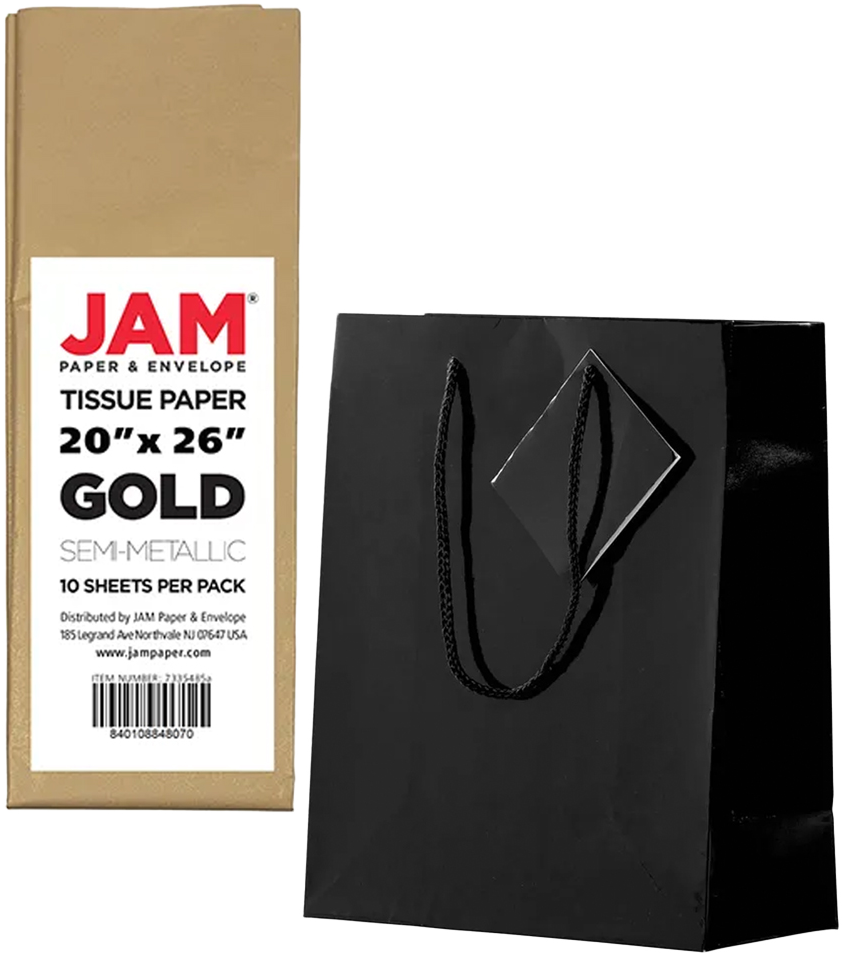 Black/Gold Medium Glossy Gift Bags (8 x 10 x 4) (3 Pack) with Tissue Paper (10 Pack)