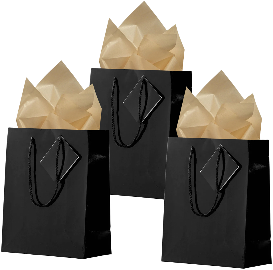 Black/Gold Medium Glossy Gift Bags (8 x 10 x 4) (3 Pack) with Tissue Paper (10 Pack)